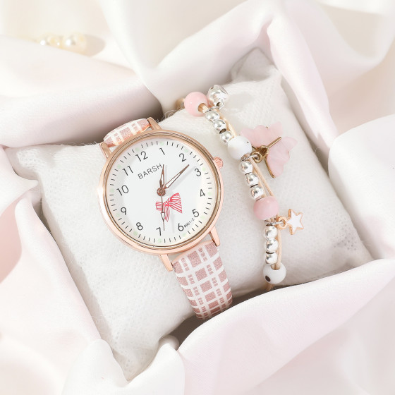 ID:1050 - Girls simple watch cute plaid pattern belt quartz watch butterfly bracelet watch set